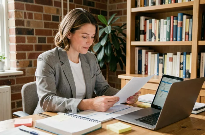 Femme indépendante concentrée à son bureau de travail à domicile, entourée de documents et d'un ordinateur portable