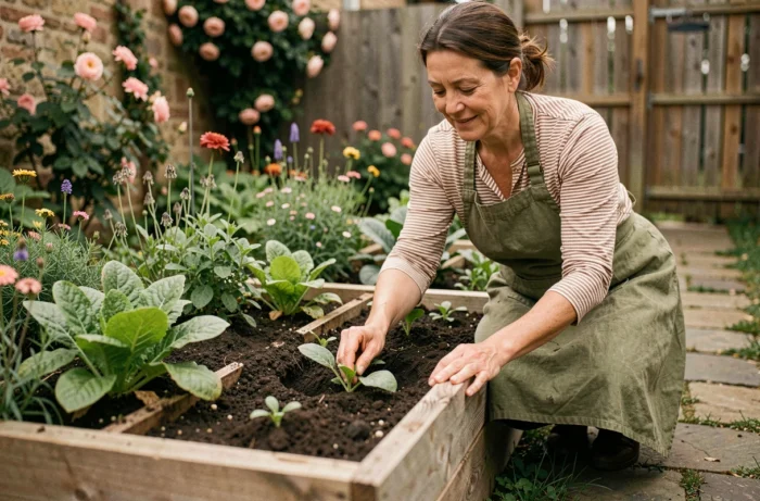 Femme jardinière plantant des semis dans un potager surélevé en bois entouré d'herbes aromatiques et de légumes, dans un jardin de cottage fleuri