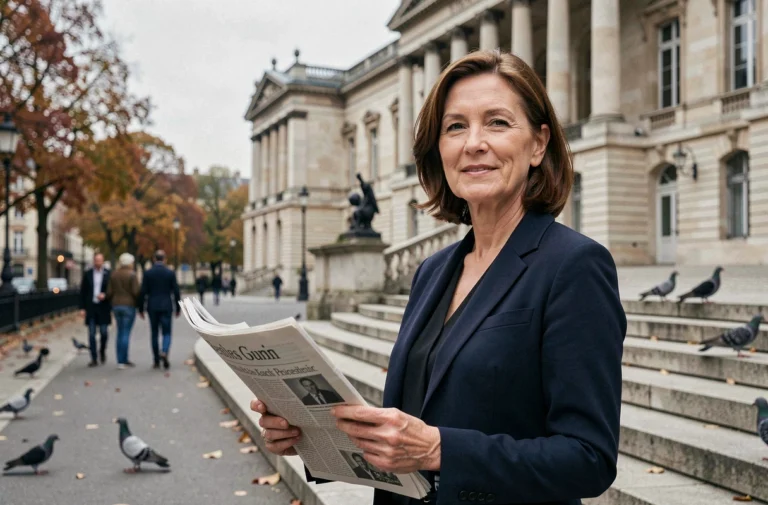 Femme tenant un journal devant le Palais Bourbon à Paris, symbole du débat politique français