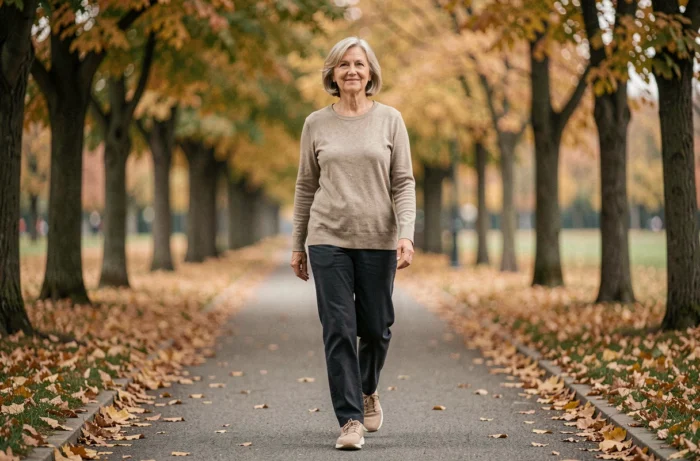 Femme d'une cinquantaine d'années marchant dans un parc en automne pour maintenir une bonne santé physique au quotidien