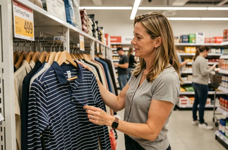 Femme découvrant une marinière Armor Lux rayée bleu marine sur un portant dans un rayon vêtements Intermarché