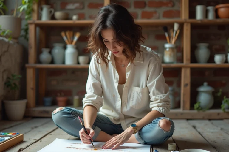 Femme peignant à l'aquarelle dans un atelier créatif fait maison, entourée de pinceaux et de tubes de peinture