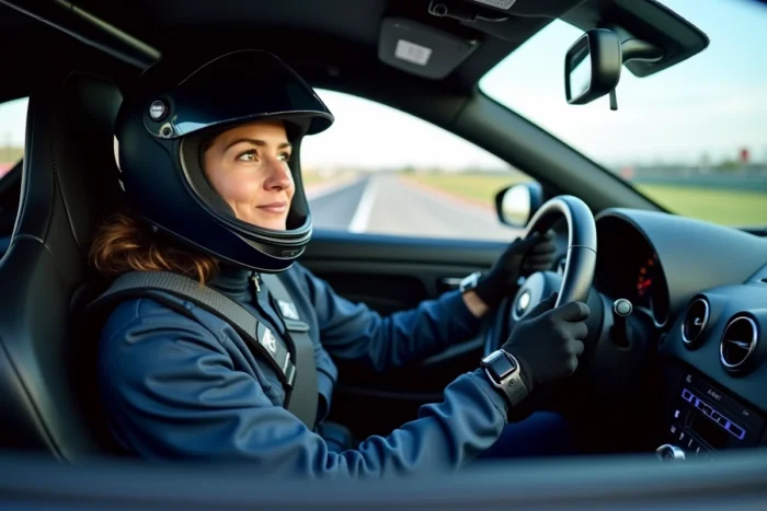 Femme pilote casquée dans le cockpit d'une voiture de sport sur circuit pendant un stage de conduite sportive