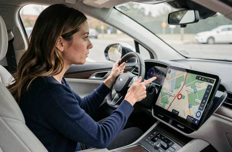 Femme planifiant un itinéraire voiture électrique sur l'écran GPS avec bornes de recharge affichées