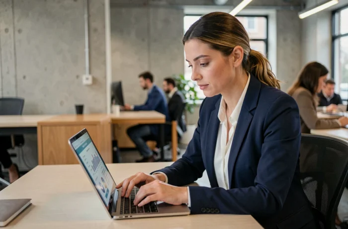 Femme professionnelle consultant des dispositifs d'emploi sur un ordinateur portable dans un espace de coworking moderne