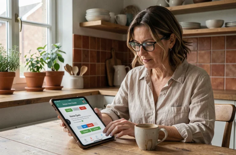 Femme jouant à un quiz sur la maison depuis une tablette dans une cuisine rustique