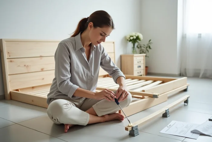 Femme utilisant un tournevis pour retirer un support de latte sur un cadre de lit métallique en appartement