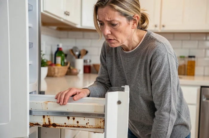 Femme inspectant avec inquiétude des traces de rouille dans le tiroir de son réfrigérateur