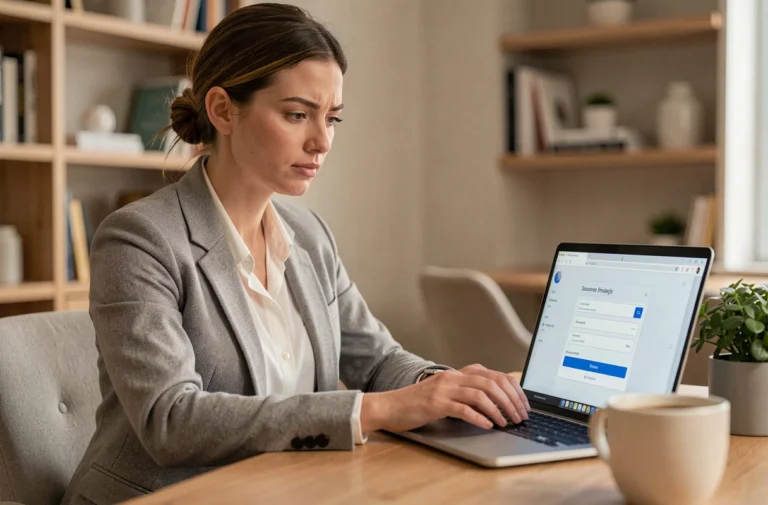 Femme professionnelle sécurisant ses paiements en ligne sur un ordinateur portable dans un bureau moderne