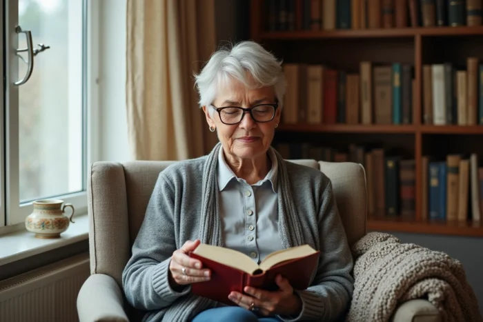 Femme senior lisant un livre dans un fauteuil confortable près d'une fenêtre, représentant la détente mentale et le bien-être intellectuel à la retraite