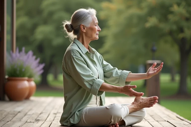 Femme senior pratiquant le yoga en plein air sur une terrasse en bois entourée de verdure, symbolisant le bien-être et la sérénité à la retraite