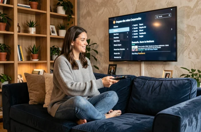 Femme souriante regardant des films en français en streaming sur sa télévision depuis son canapé confortable