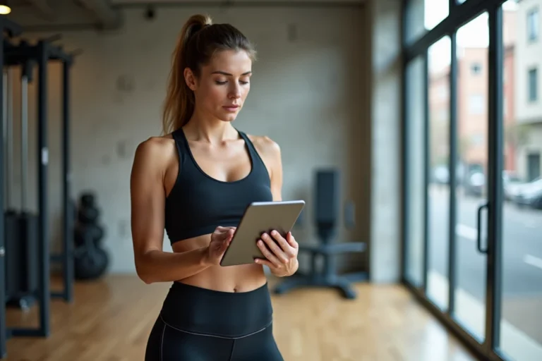 Femme sportive consultant son programme d'entraînement sur tablette dans un studio de fitness urbain moderne