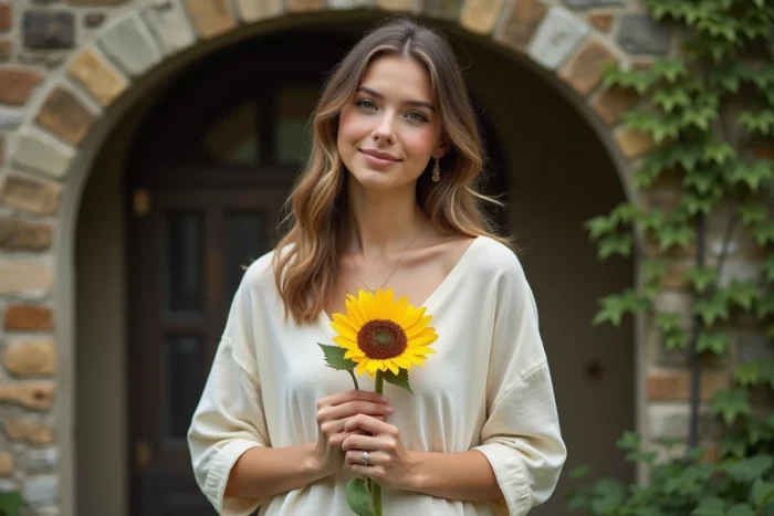 Femme tenant une fleur de tournesol symbole de joie et d'optimisme dans un jardin rustique