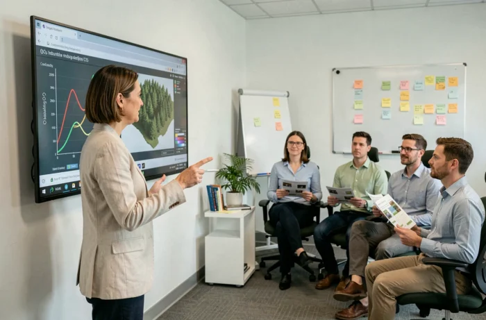 Formatrice animant un atelier de sensibilisation à l'écologie avec un serious game numérique interactif en salle de formation