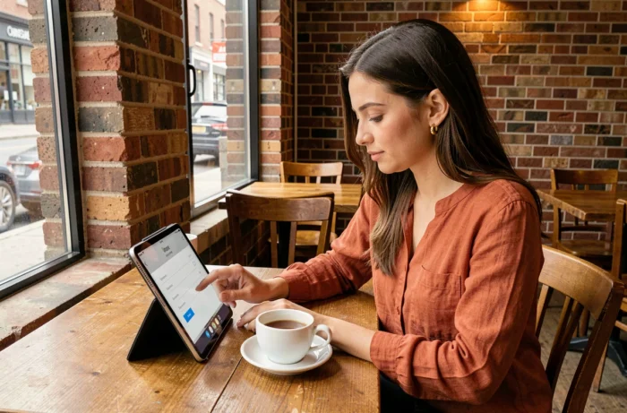 Jeune femme envoyant un message de contact à Wikirelax depuis un café