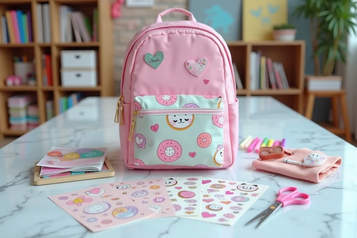 Flat lay de fournitures kawaii pour personnaliser un sac scolaire avec stickers holographiques, pins et marqueurs pastel