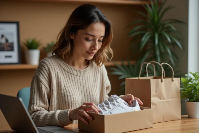 Femme inspectant un certificat d'authenticité Zalando à la réception de sa commande de sneakers à domicile