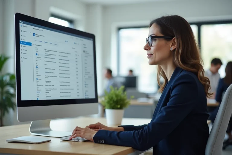 Femme professionnelle gérant sa messagerie Zimbra sur un ordinateur de bureau dans un open space administratif moderne