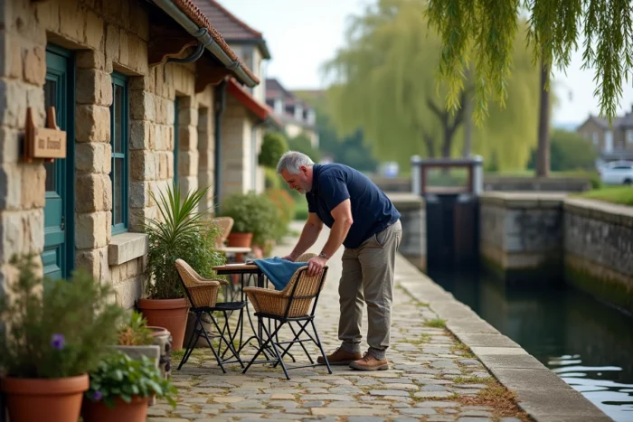 Maison éclusière aménagée en gîte touristique au bord d'un canal finistérien avec terrasse en pierre et écluse traditionnelle