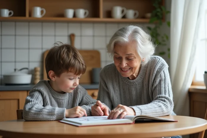 Grand-mère lisant un livre illustré avec son petit-fils à la table de cuisine, transmission intergénérationnelle et éveil à la lecture