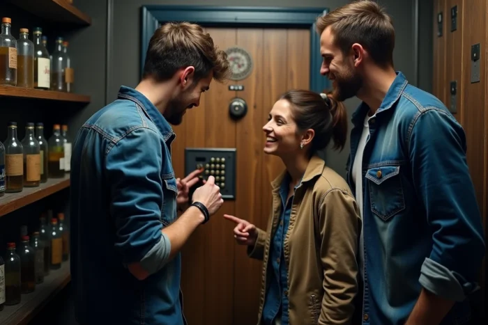 Groupe d'adultes collaborant pour résoudre une énigme avec un cadenas sur une porte dans un escape room thématique