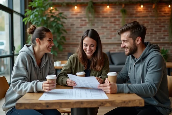Groupe de sportifs discutant de leurs programmes d'entraînement autour d'une table dans un café bien-être après le sport