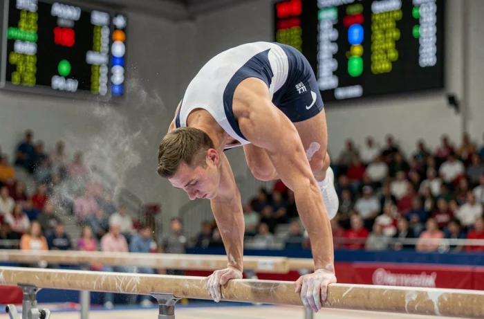 Gymnaste masculin en pleine exécution d'un appui renversé sur les barres parallèles lors d'une compétition de gymnastique artistique