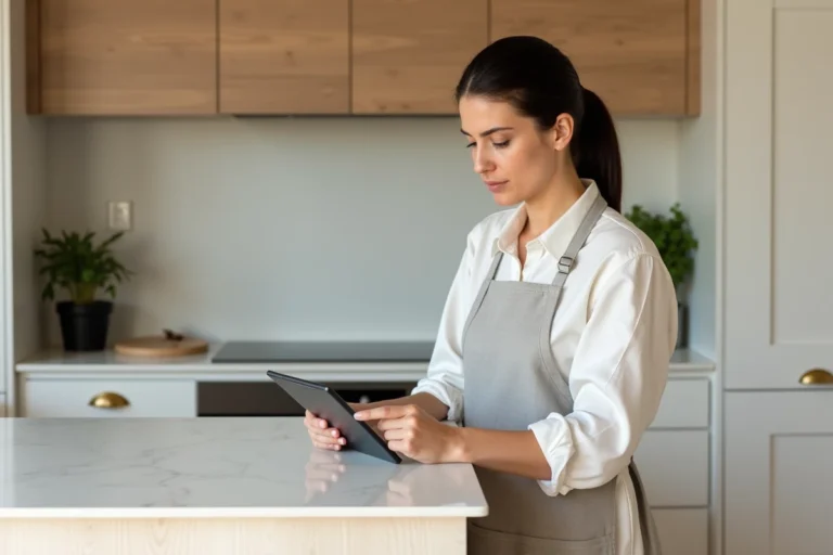 Femme debout à un plan snack en quartz blanc dans une cuisine moderne, illustrant la hauteur idéale ergonomique d'un plan snack
