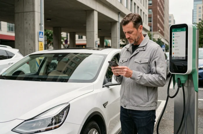 Homme consultant son téléphone devant une borne de recharge pour voiture électrique en ville
