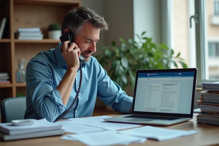 Homme au bureau consultant un site de la CPAM sur ordinateur tout en téléphonant, entouré de documents administratifs