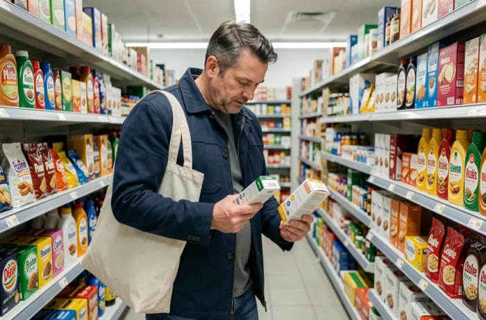 Homme comparant des prix de produits dans un rayon de supermarché avec un sac réutilisable