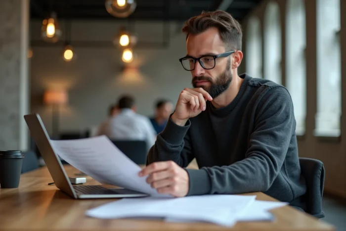 Homme en espace de coworking étudiant les conditions d'utilisation du CPF pour financer une formation ou un équipement informatique
