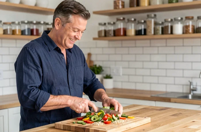 Homme préparant une salade saine dans une cuisine moderne dans le cadre d'une alimentation équilibrée pour la santé