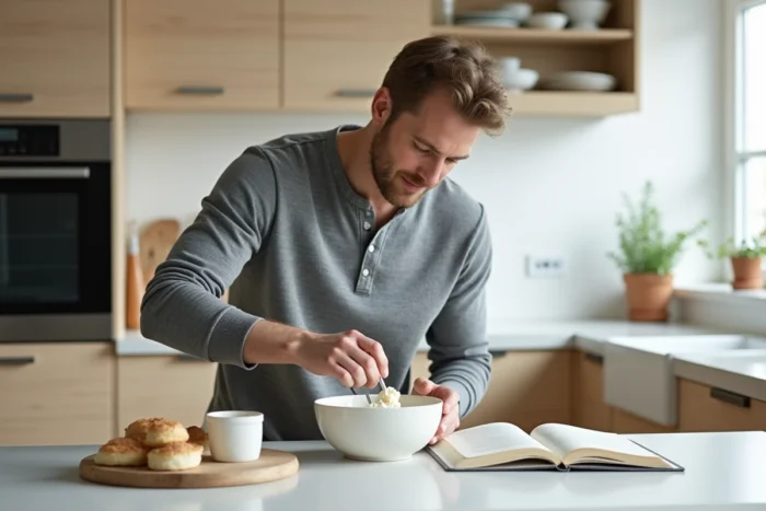 Homme préparant une recette en choisissant entre mascarpone et crème fraîche dans une cuisine moderne