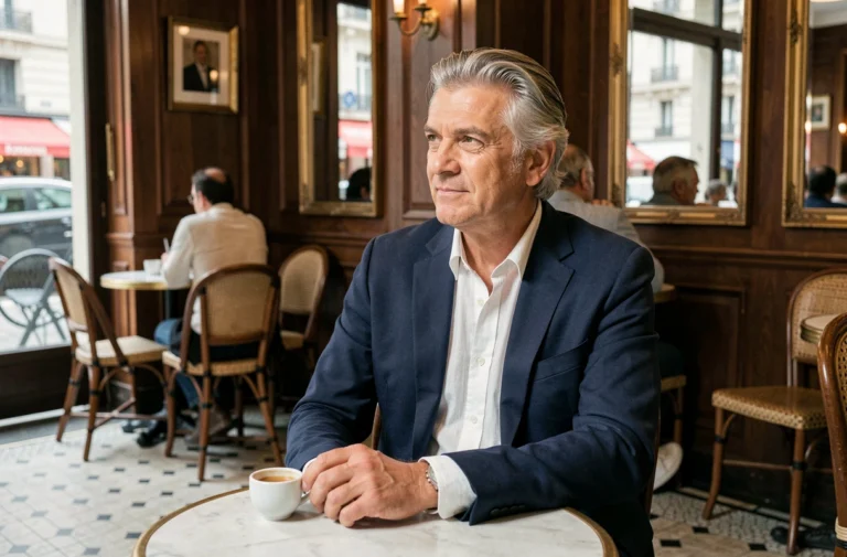 Portrait d'un homme élégant aux cheveux grisonnants attablé dans un café parisien, regard pensif et discret