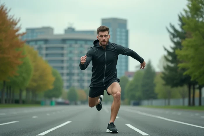 Sportif s'étirant sur une piste d'athlétisme urbaine entourée de verdure avant une séance de course