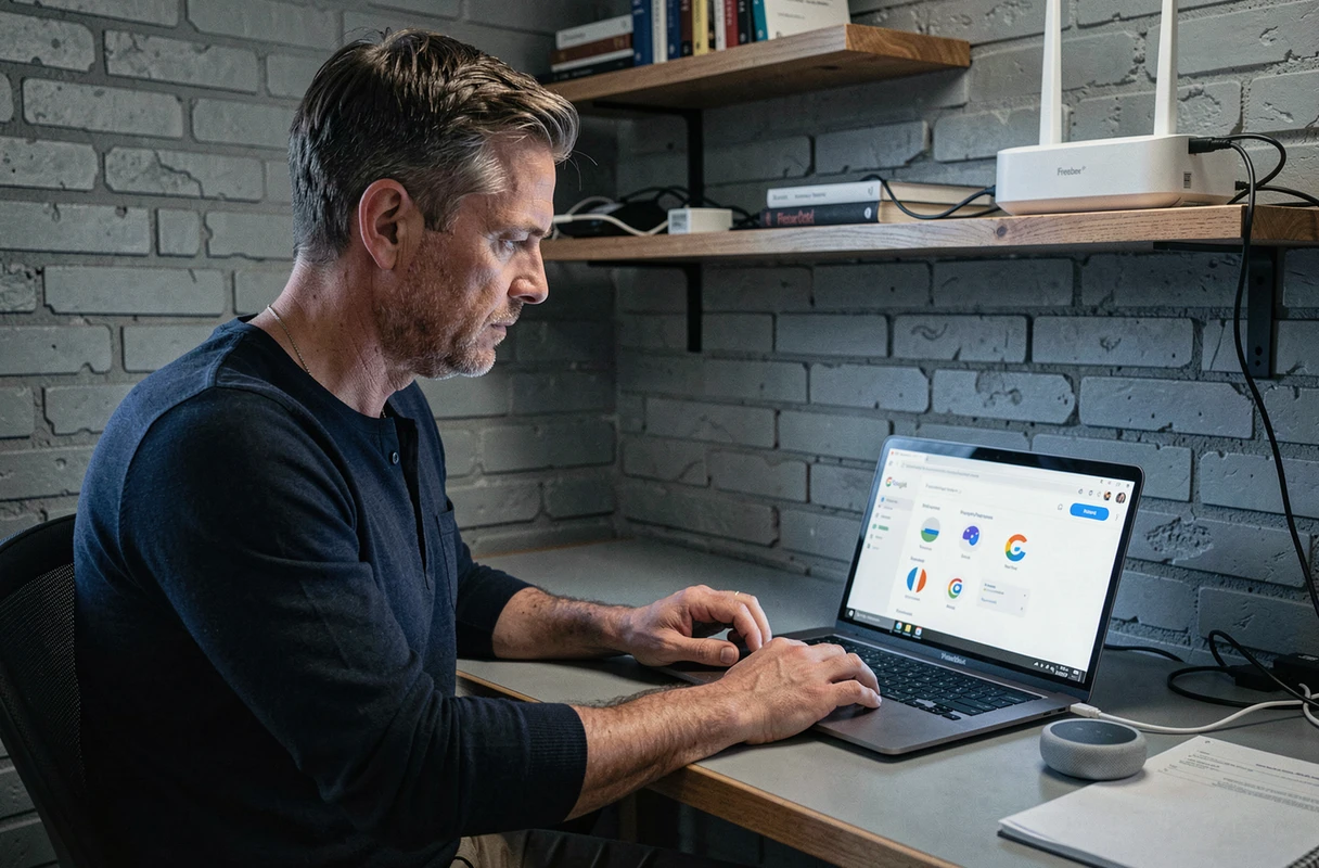 Homme configurant Google Home et Freebox Delta depuis son bureau avec un Google Nest Hub