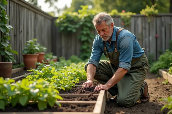 Homme jardinant dans un potager surélevé en bois, transplantant des plants dans une terre riche et sombre
