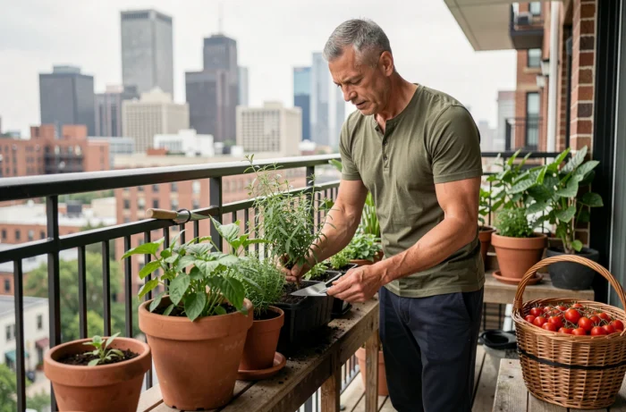 Homme entretenant un jardin urbain sur balcon avec des herbes aromatiques et des légumes, tendance jardinage et loisirs verts 2024