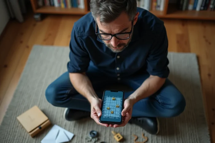 Homme jouant à un jeu d'escape room numérique sur smartphone entouré d'accessoires de puzzle posés sur le sol