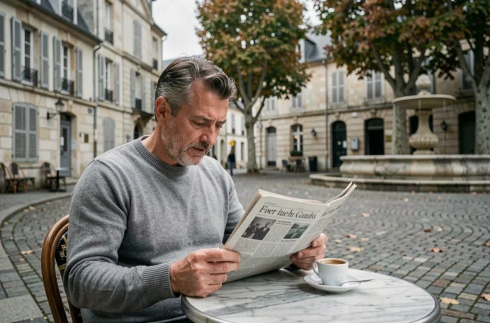 Homme lisant un journal en terrasse de café dans une ville de province française, reflet de l'information citoyenne
