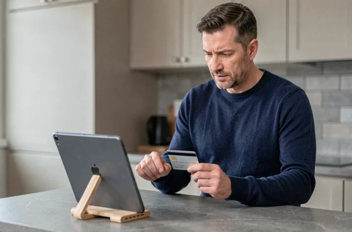 Homme utilisant une carte bancaire pour un paiement sécurisé sur tablette à domicile