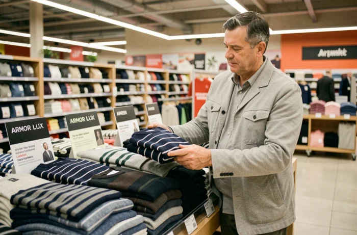 Homme examinant un pull Armor Lux plié sur une table de présentation dans un Intermarché