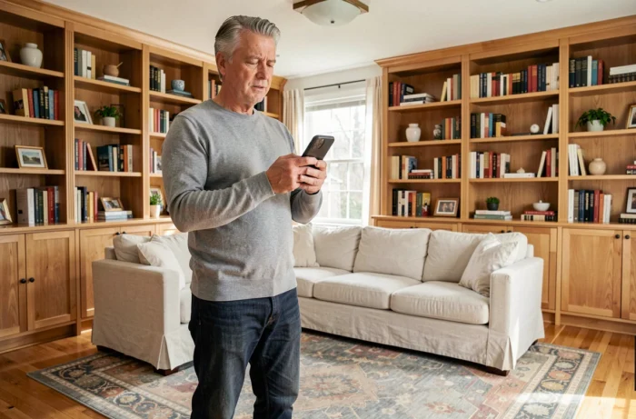 Homme consultant un quiz interactif sur son smartphone dans un salon moderne