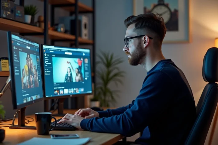 Homme avec lunettes recherchant des alternatives à Kordoz pour le streaming vidéo en ligne depuis son bureau à domicile