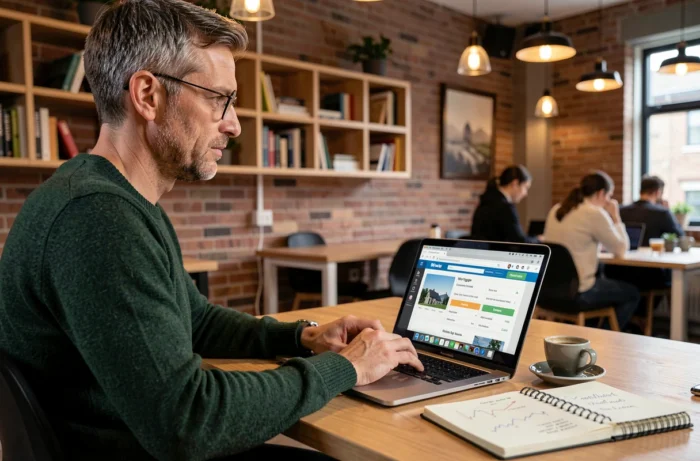 Homme consultant un comparateur de crédit immobilier sur ordinateur dans un espace de coworking