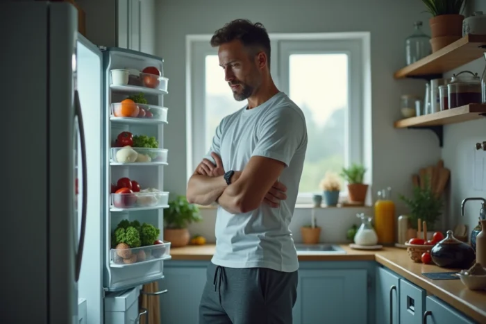 Homme devant un réfrigérateur ouvert qui hésite à manger dans le cadre d'un régime amaigrissant