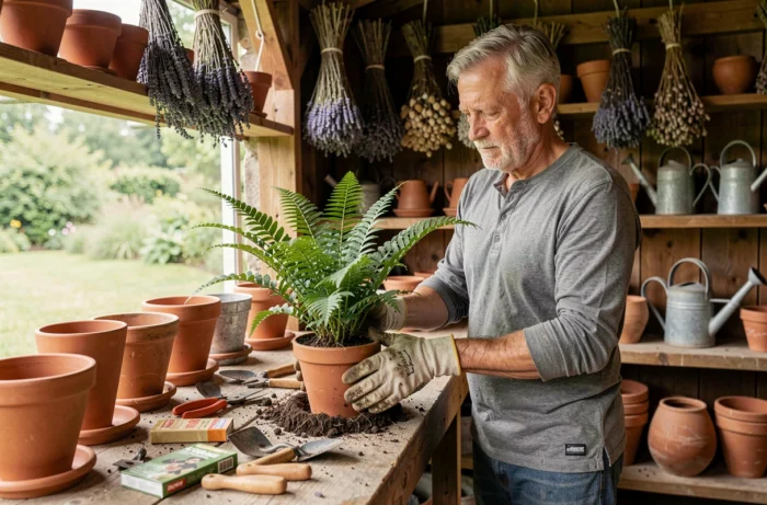 Homme âgé rempotant une fougère sur un établi de jardinage encombré d'outils et de pots en terre cuite dans un abri de jardin ouvert