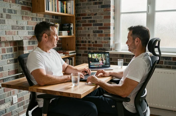 Homme regardant une série française en streaming sur son ordinateur portable dans un bureau à domicile
